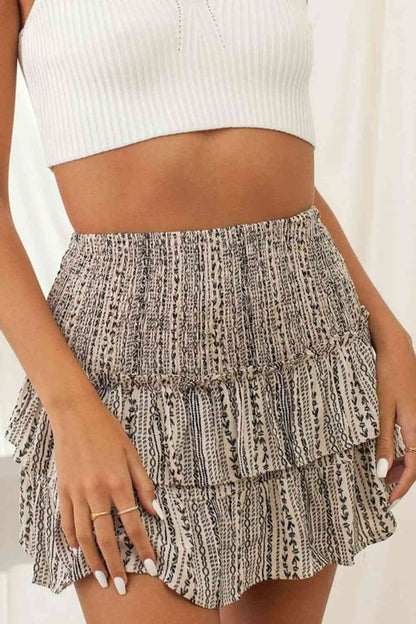 Printed Frill Trim Smocked Mini Skirt (7500878348376)
