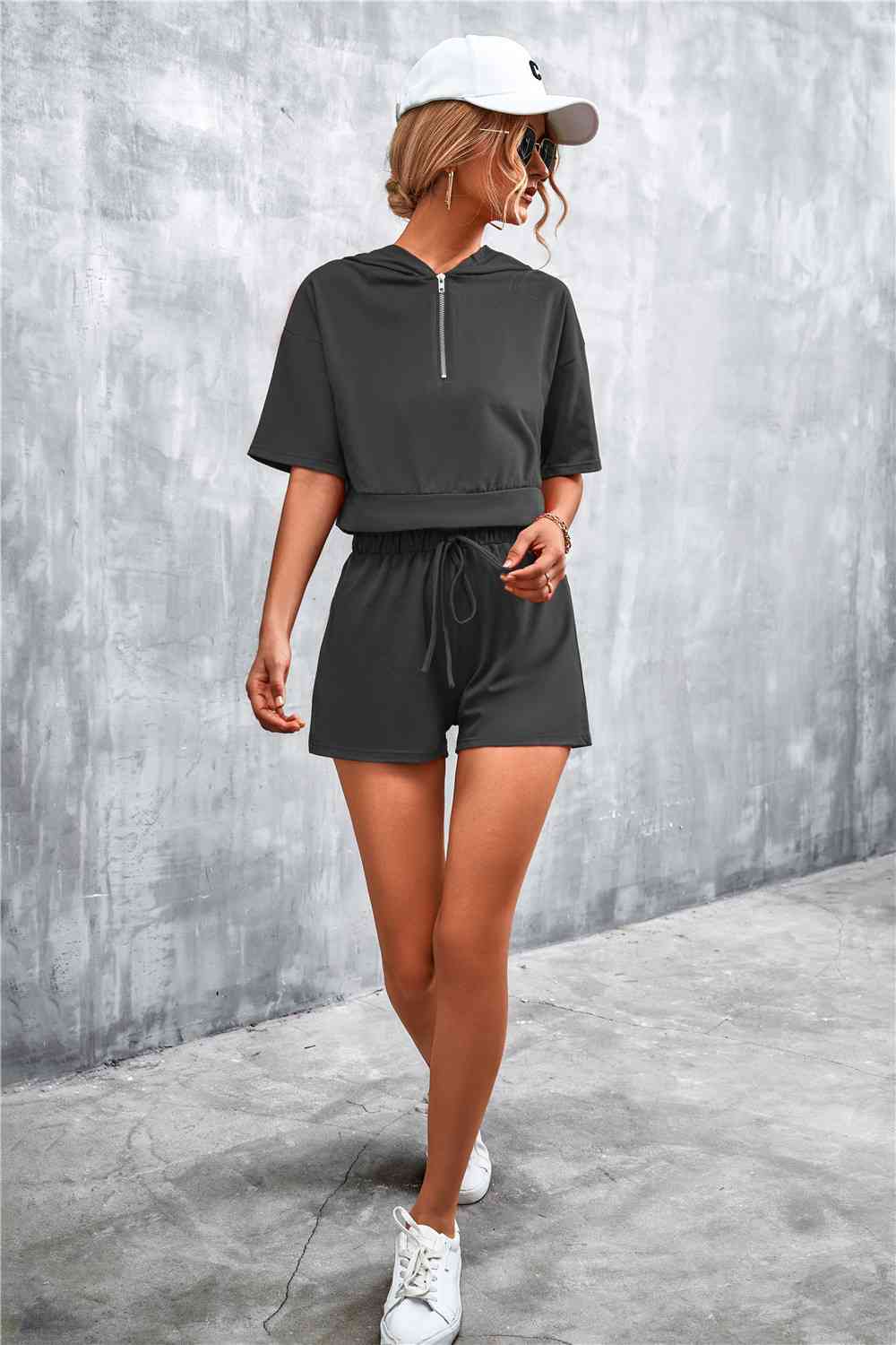 Half-Zip - Cropped Hooded T-Shirt and Shorts Set (7501483180120)