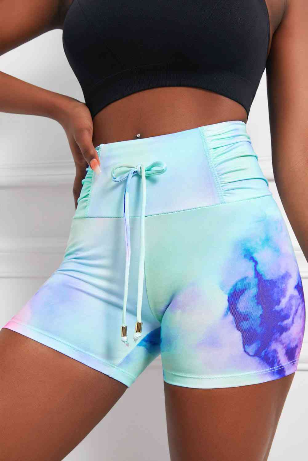 Tie-Dye Tie - Detail Ruched Sports Shorts (7500859932760)