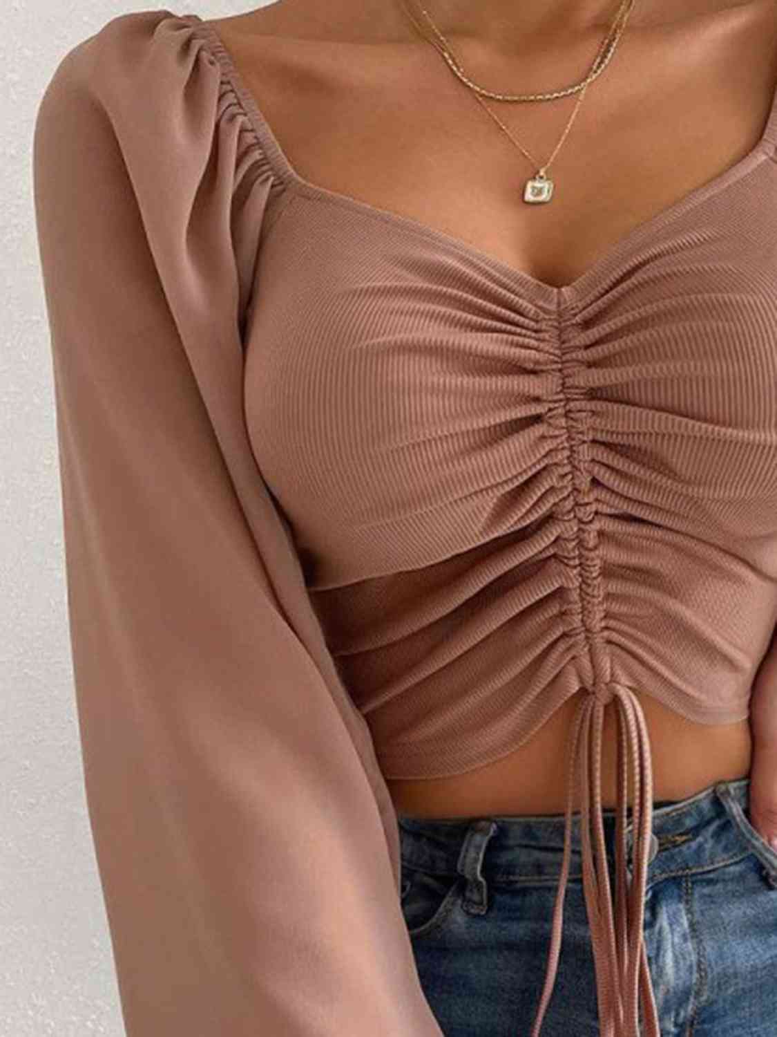 Ruched Blouse - Drawstring Sweetheart Neck Cropped Top (7501318914136)