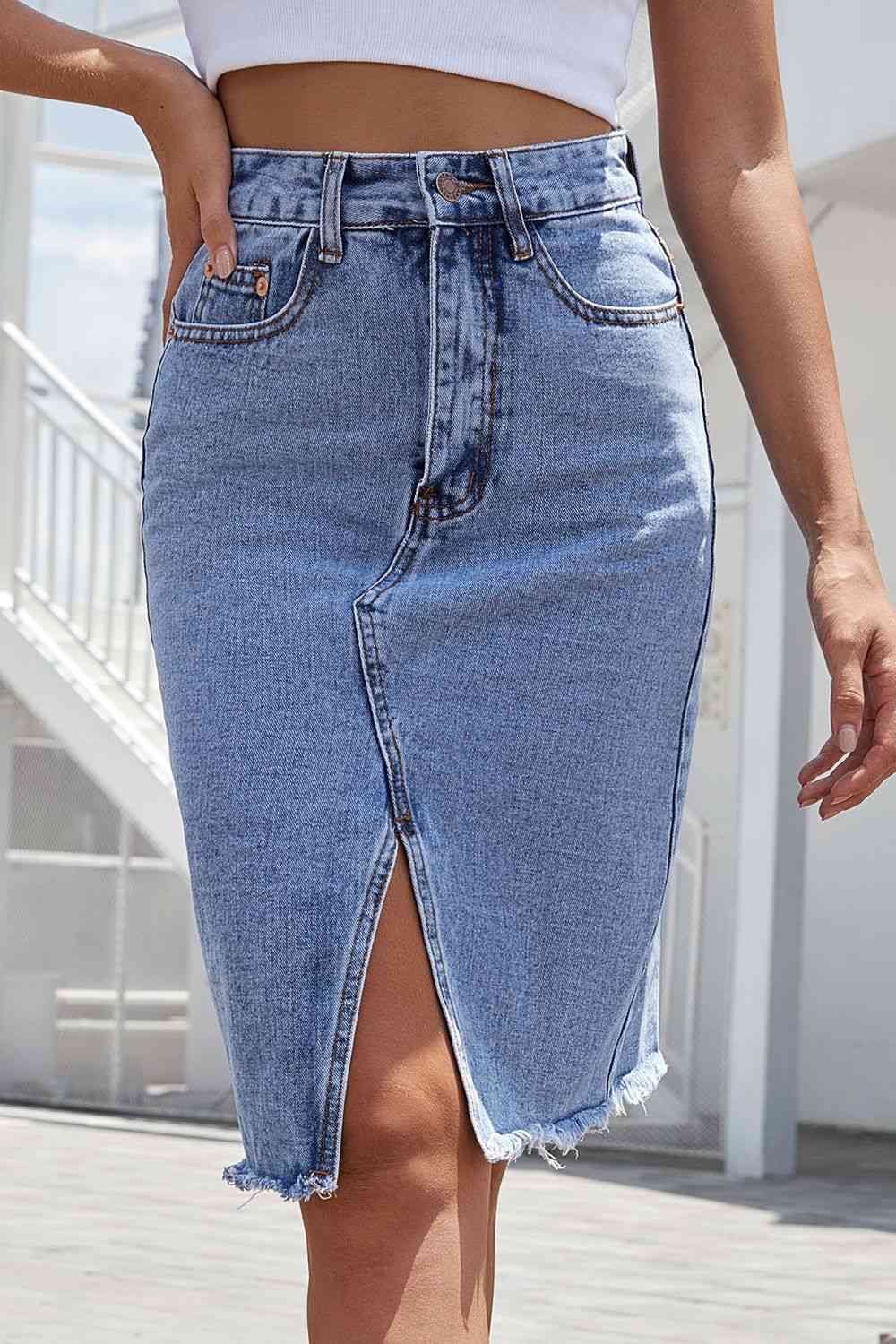Denim Skirt - Buttoned Slit Denim Skirt (7486619189336)