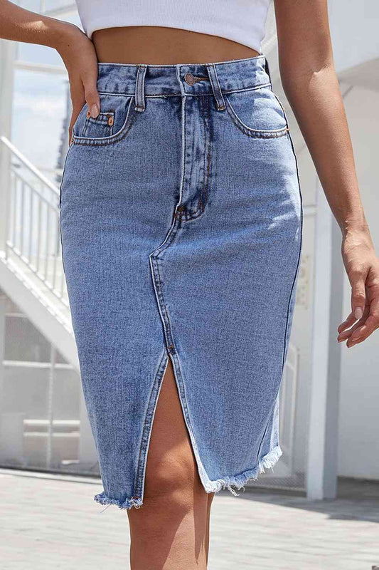 Denim Skirt - Buttoned Slit Denim Skirt (7486619189336)