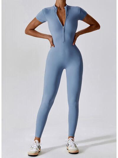 Short Sleeves Half-Zip Romper Leotard
