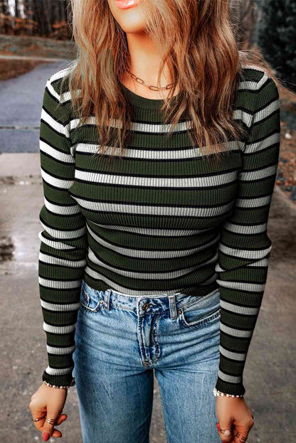 Striped Round Neck - Long Sleeves Knit Top (7501331660888)