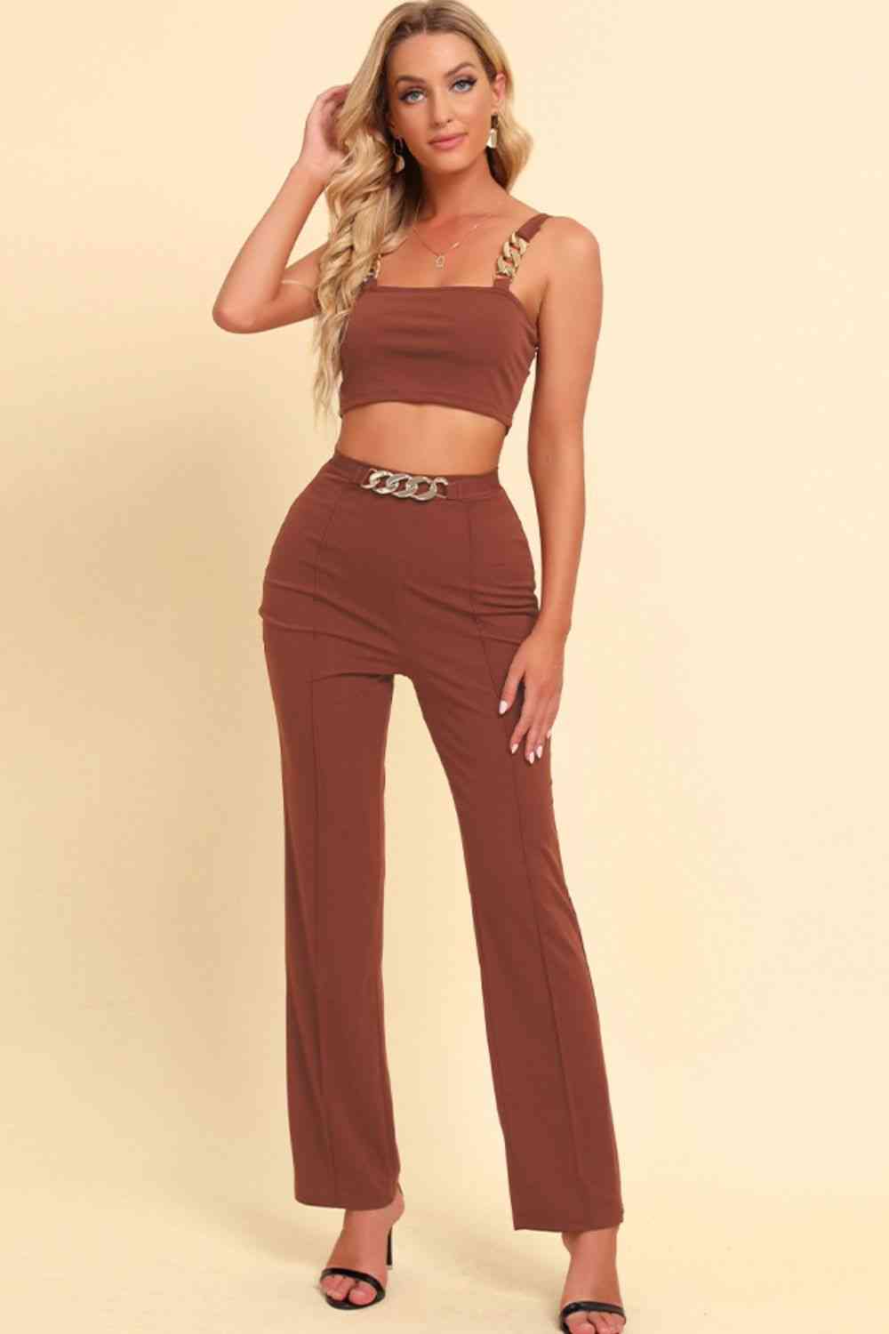 Chain Detail - Cropped Cami and Straight Leg Pants Set (7501465550936)
