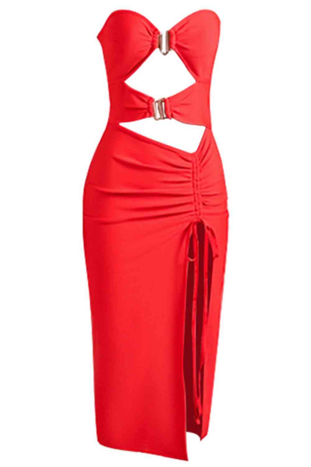 Drawstrings Detail - Cut-Out Strapless Drawstring Detail Split Bandage Dress (7516390752344)