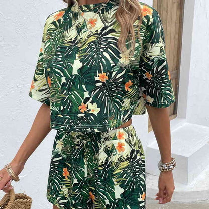 Just Justing - Floral Print Round Neck Dropped Shoulder Half Sleeve Top and Shorts Set (7501444907096)