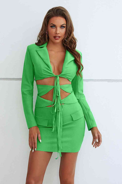 Casual Business - Cut-Out Tied Blazer and Skirt Set (7501469384792)