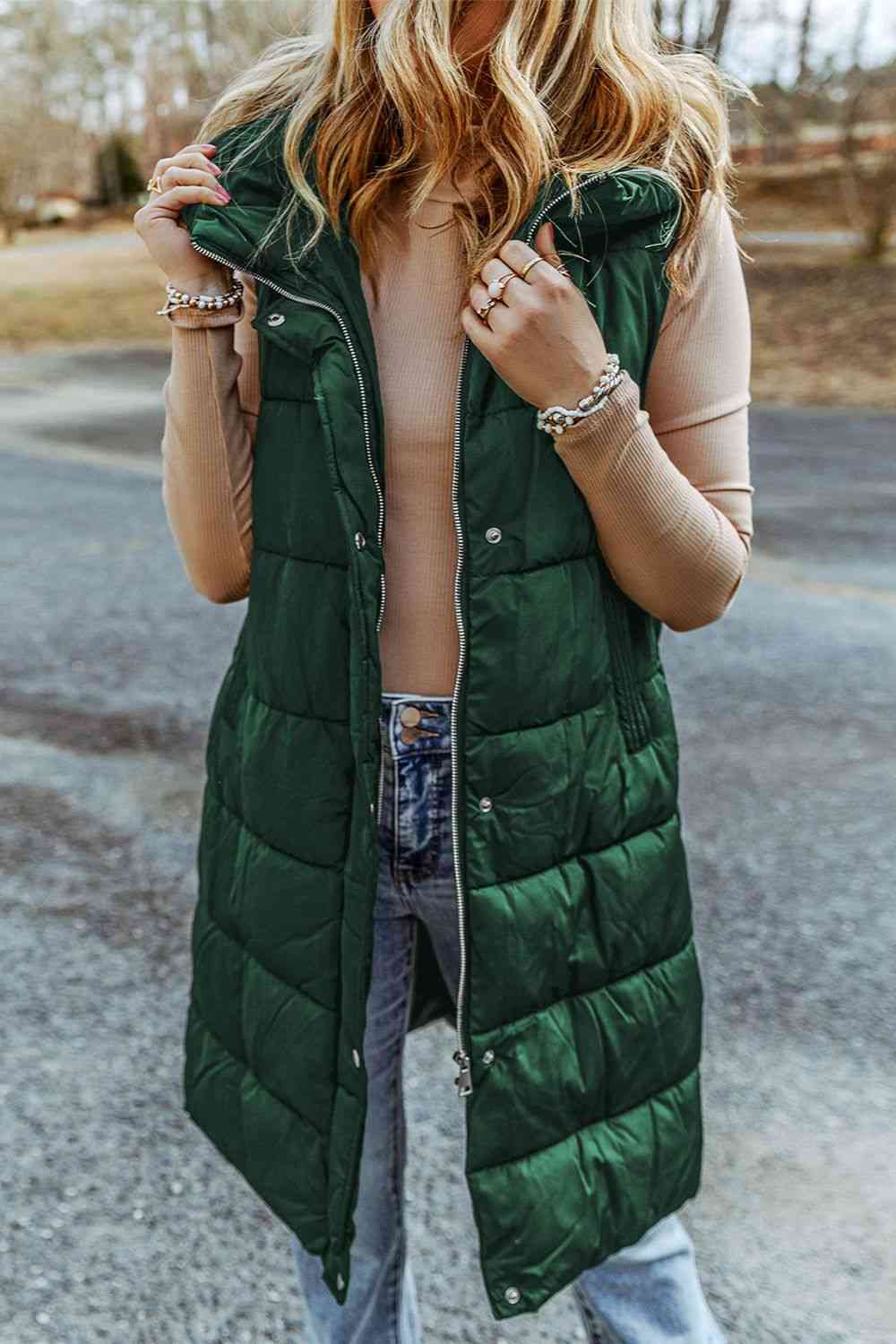 Longline Hooded Sleeveless Puffer Vest (7484291383384)