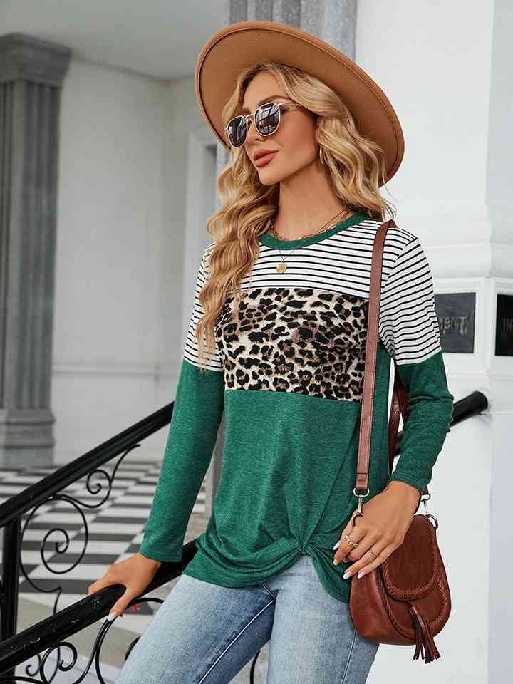 Leopardcheetahprint - Color Block Round Neck Long Sleeve Blouse (7501317439576)