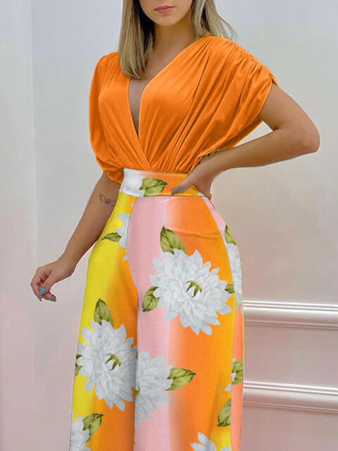 Printed Surplice Top & Wide Leg Pants Set (7484243705944)