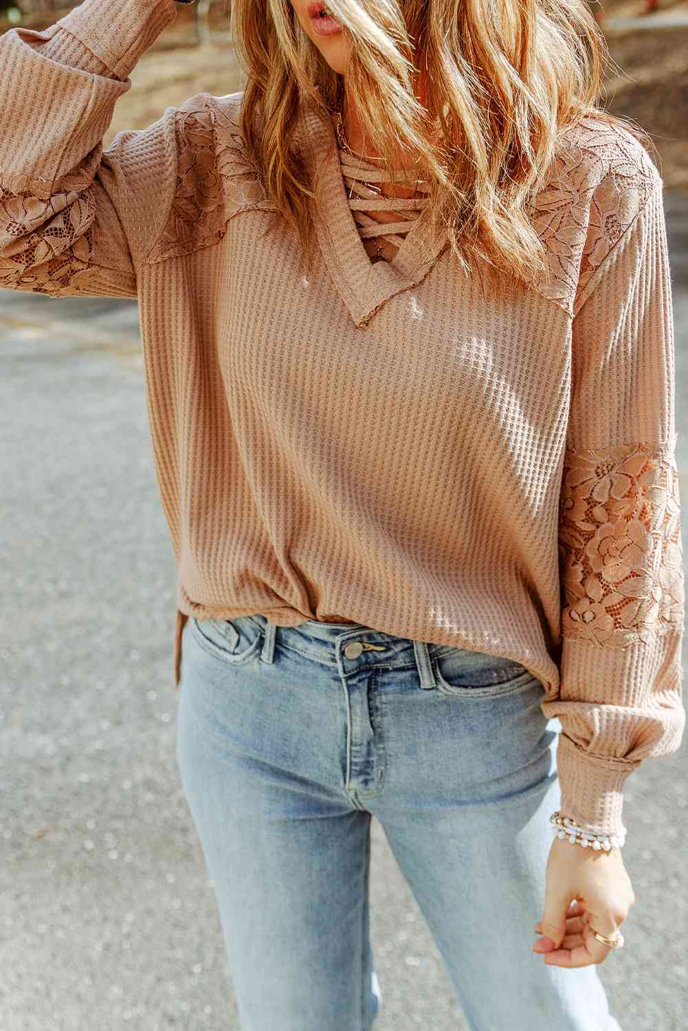 Waffle - Criss-Cross Waffle-Knit Top (7501316784216)