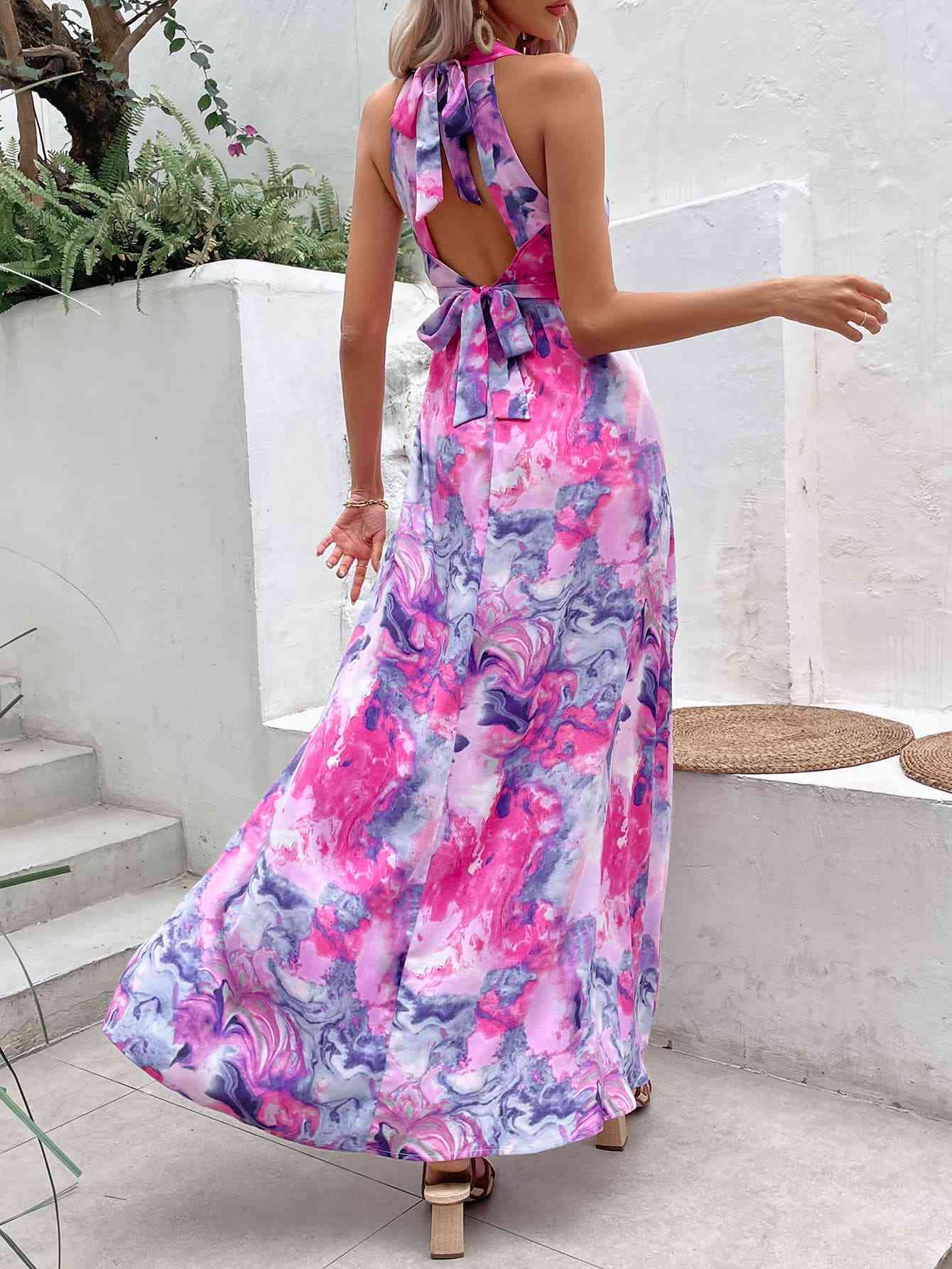 Printed Open Back Slit Sleeveless Dress (7515561984088)