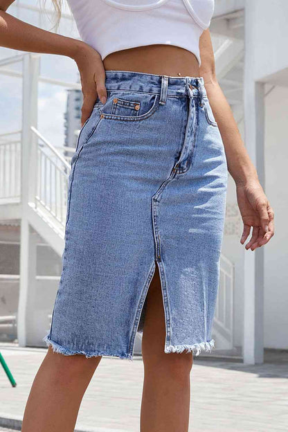 Denim Skirt - Buttoned Slit Denim Skirt (7486619189336)