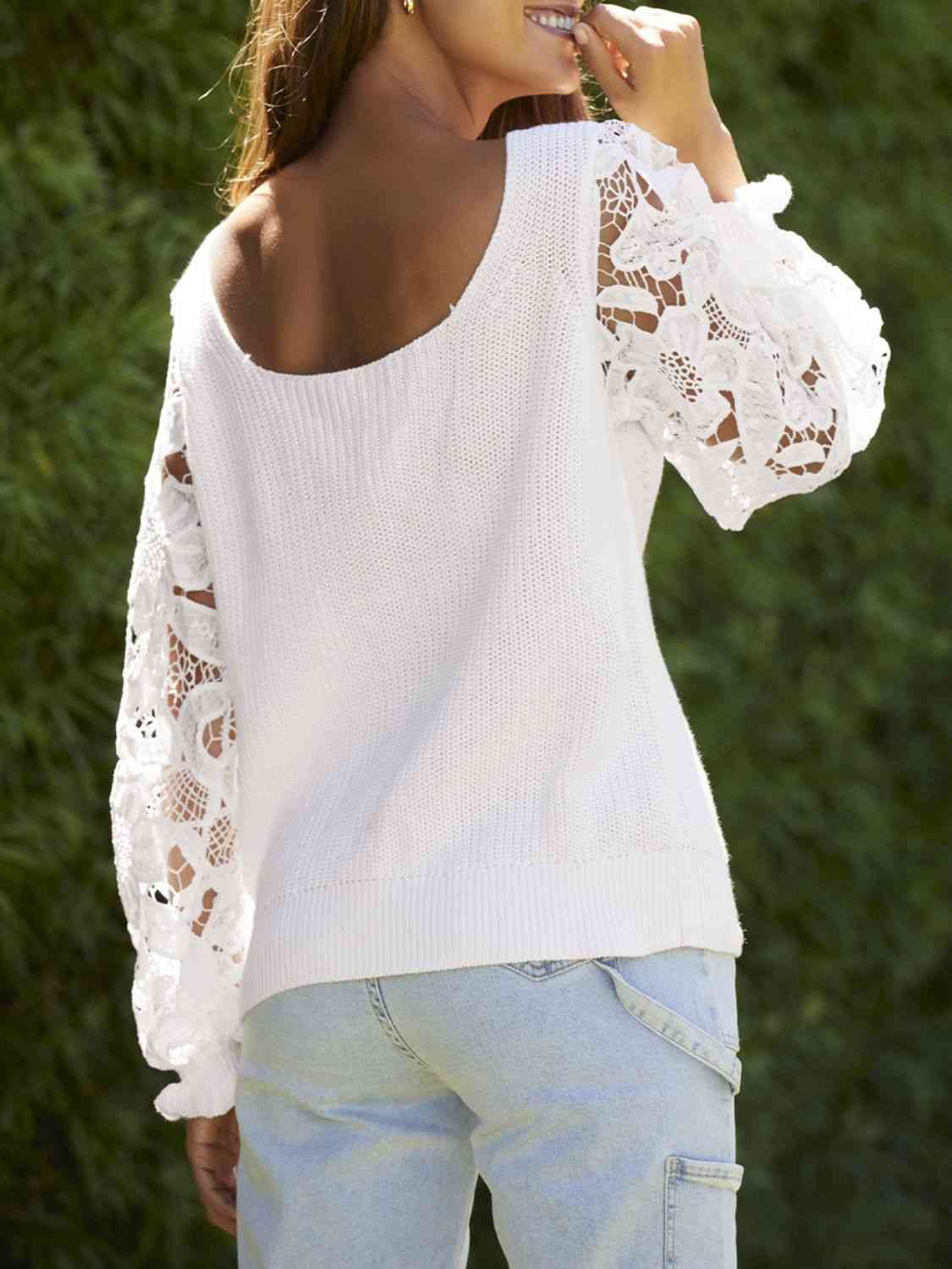 Lace Trim Flounce Sleeves Knit Top (7501316751448)