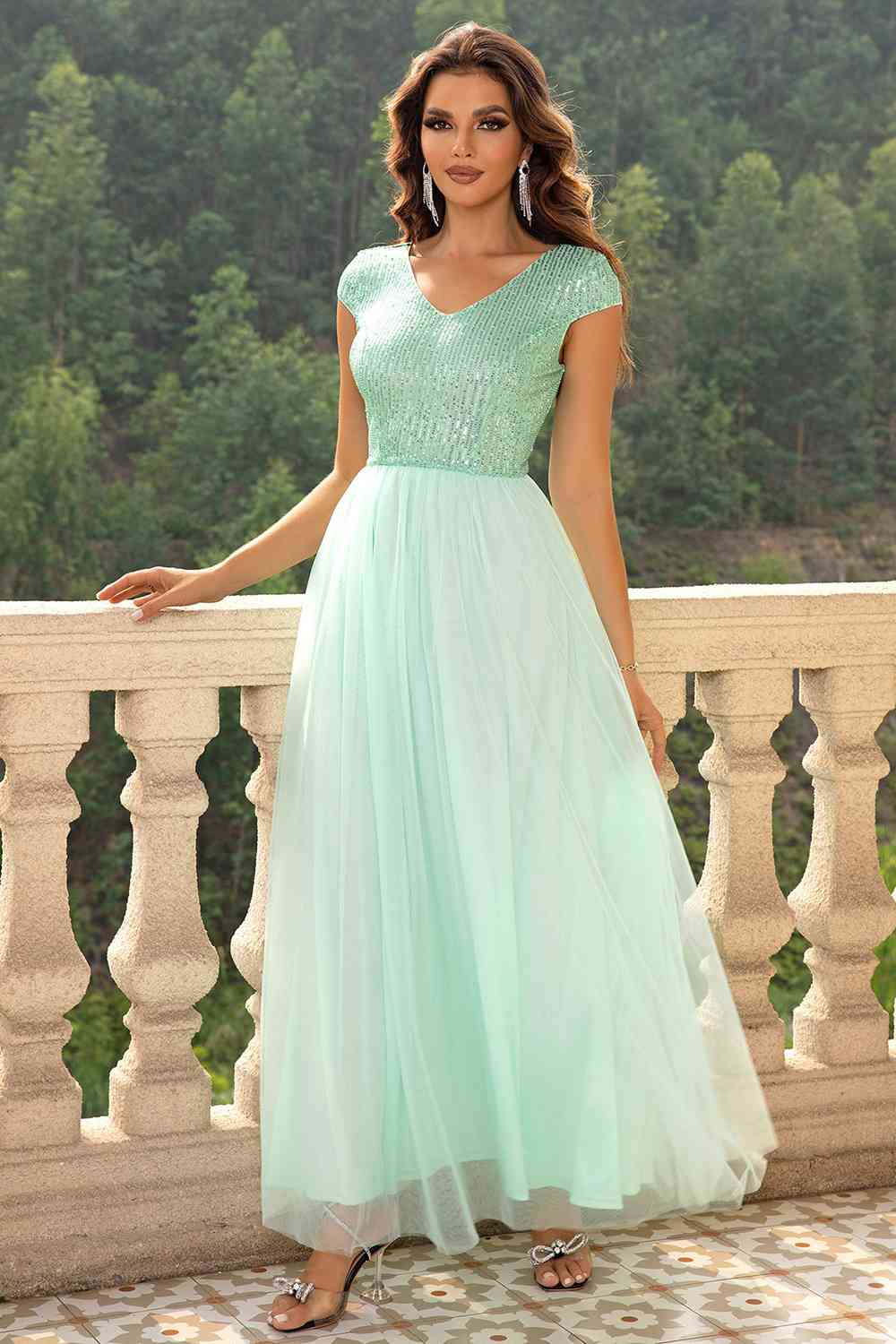 Sequin V-Neck Mesh Maxi Dress (7515520761944)