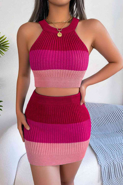 Colors & Stripes - Color Block Sleeveless Crop Knit Top and Skirt Set (7501467648088)