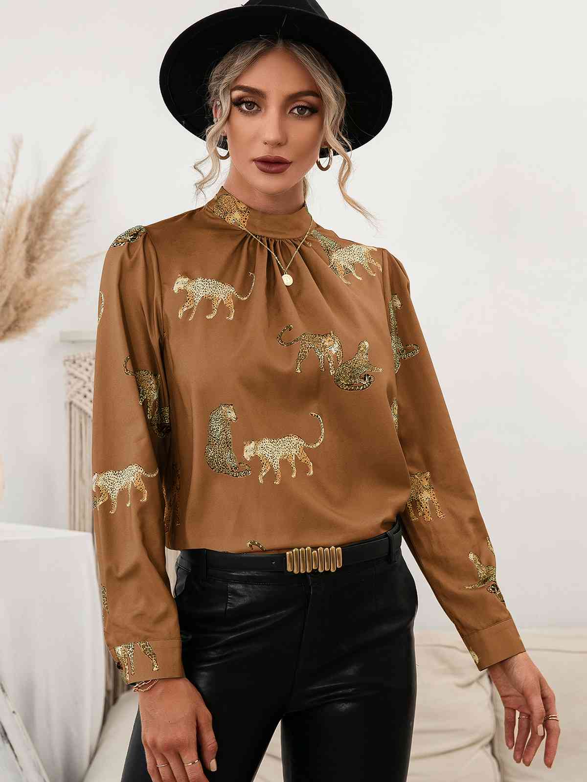 Leopard Graphics - Mock Neck Puff Sleeve Blouse (7501318488152)