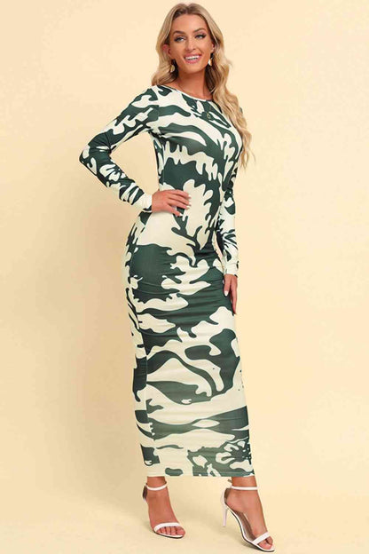 Printed Backless Long Sleeves Maxi Dress (7515565260888)