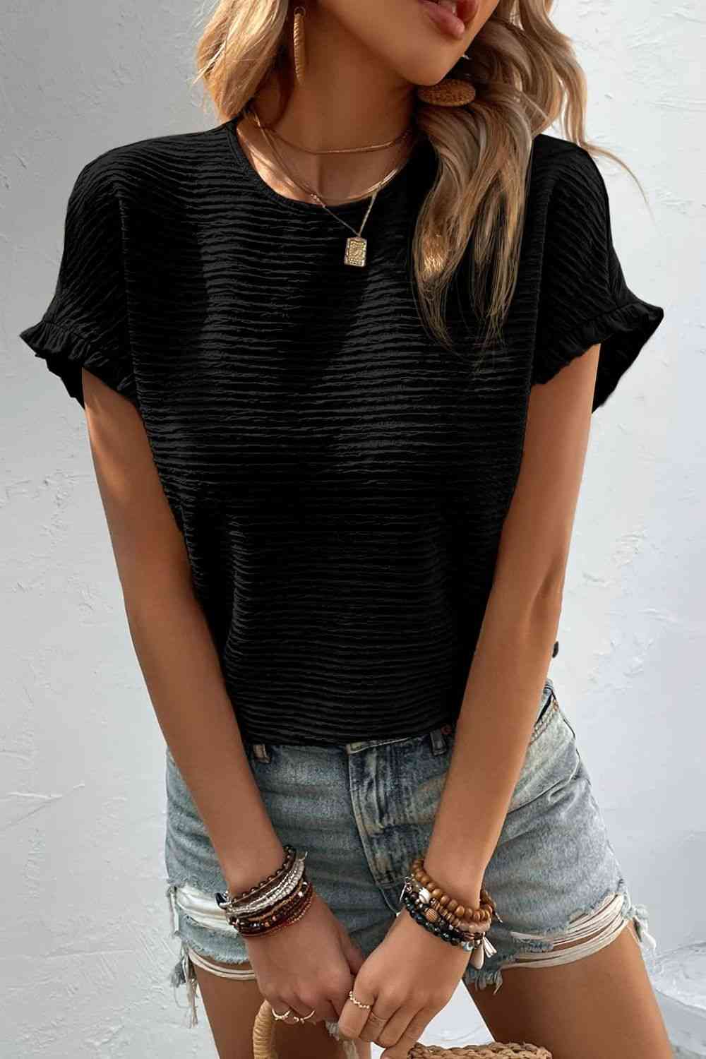 Textured Round Neck - Short-Sleeves Top (7501317767256)