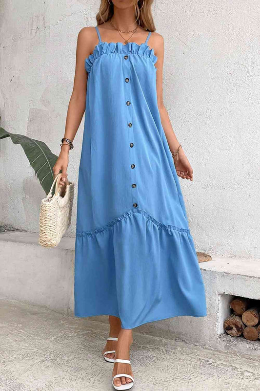 Ruffle Trim Buttoned Sleeveless Maxi Dress (7515555364952)