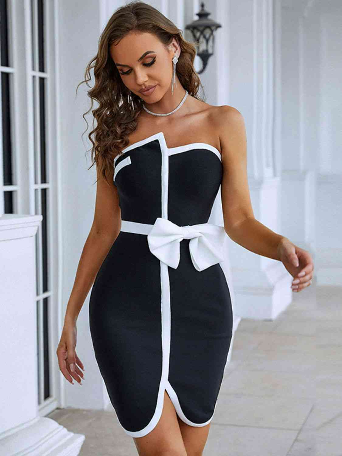 Bow Deetz - Contrast Strapless Bow Detail Mini Dress (7516412772440)