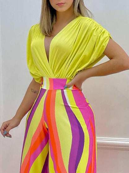 Printed Surplice Top & Wide Leg Pants Set (7484243705944)