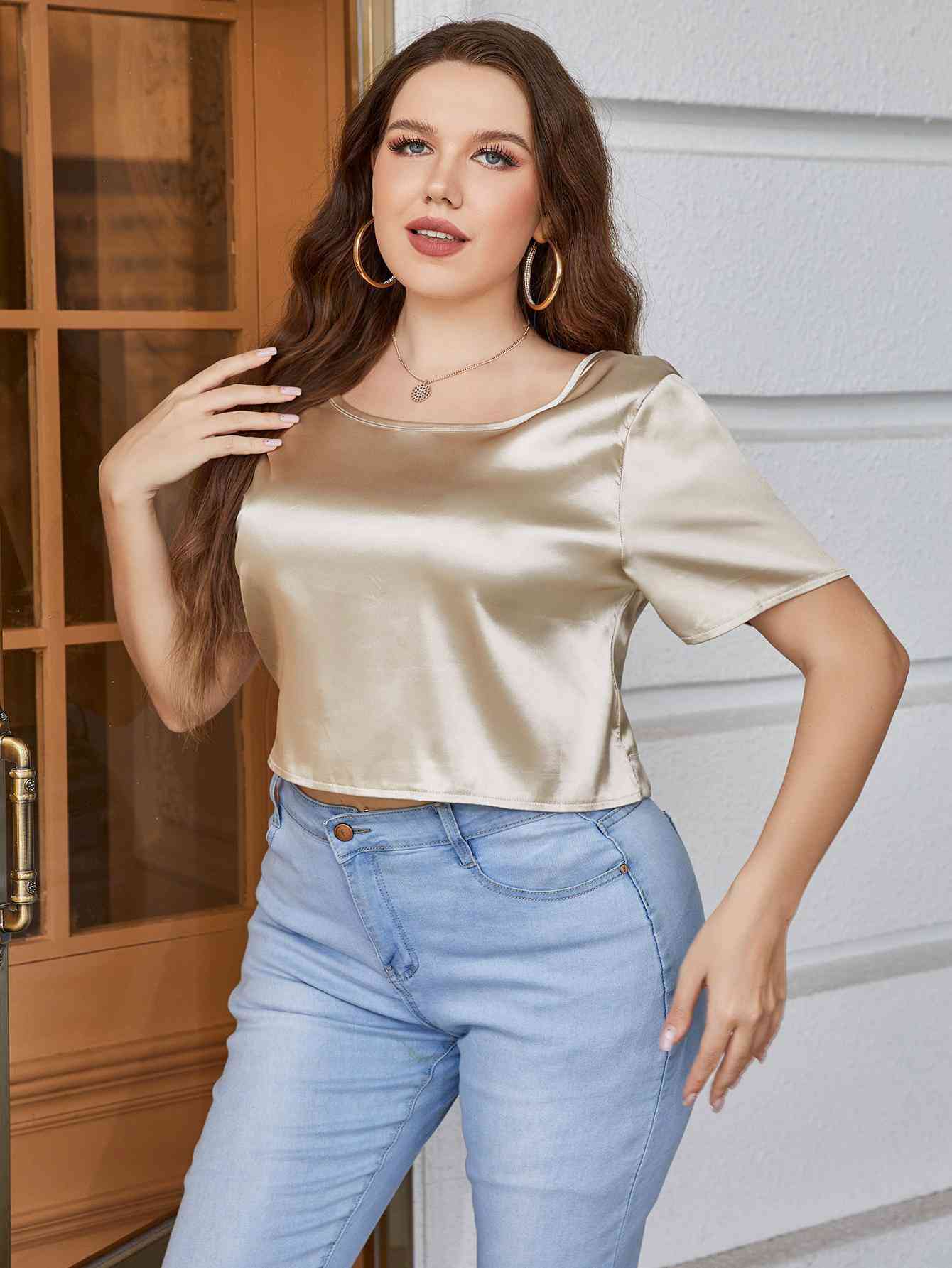 Plus-Size Short Sleeves Tie-Back Blouse (7484764749912)