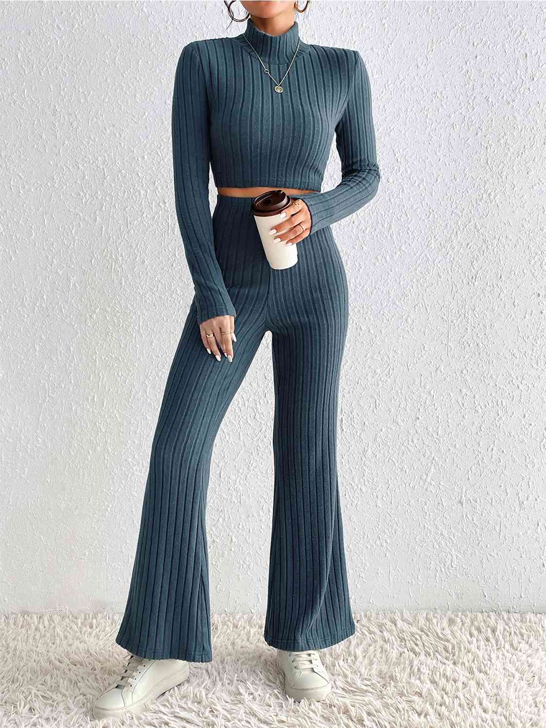 Mock Neck Cropped Sweater & High-Waist Pants - Set (7484223488088)