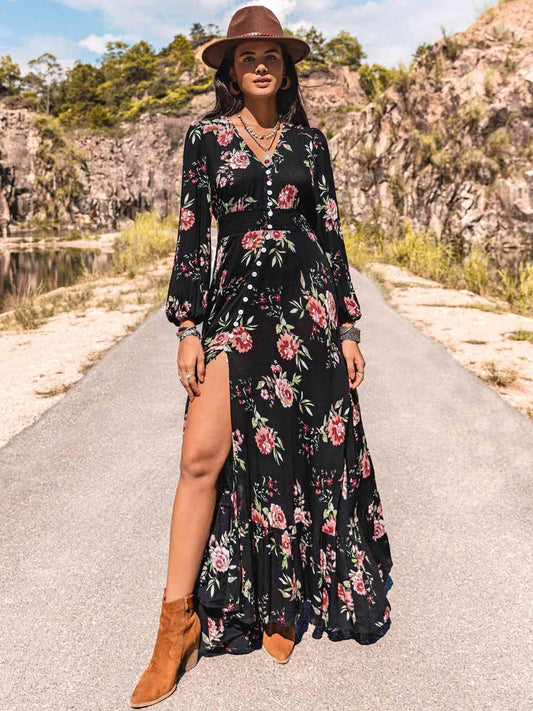 Floral V-Neck - Floral V-Neck Split Maxi Dress (7515529412696)