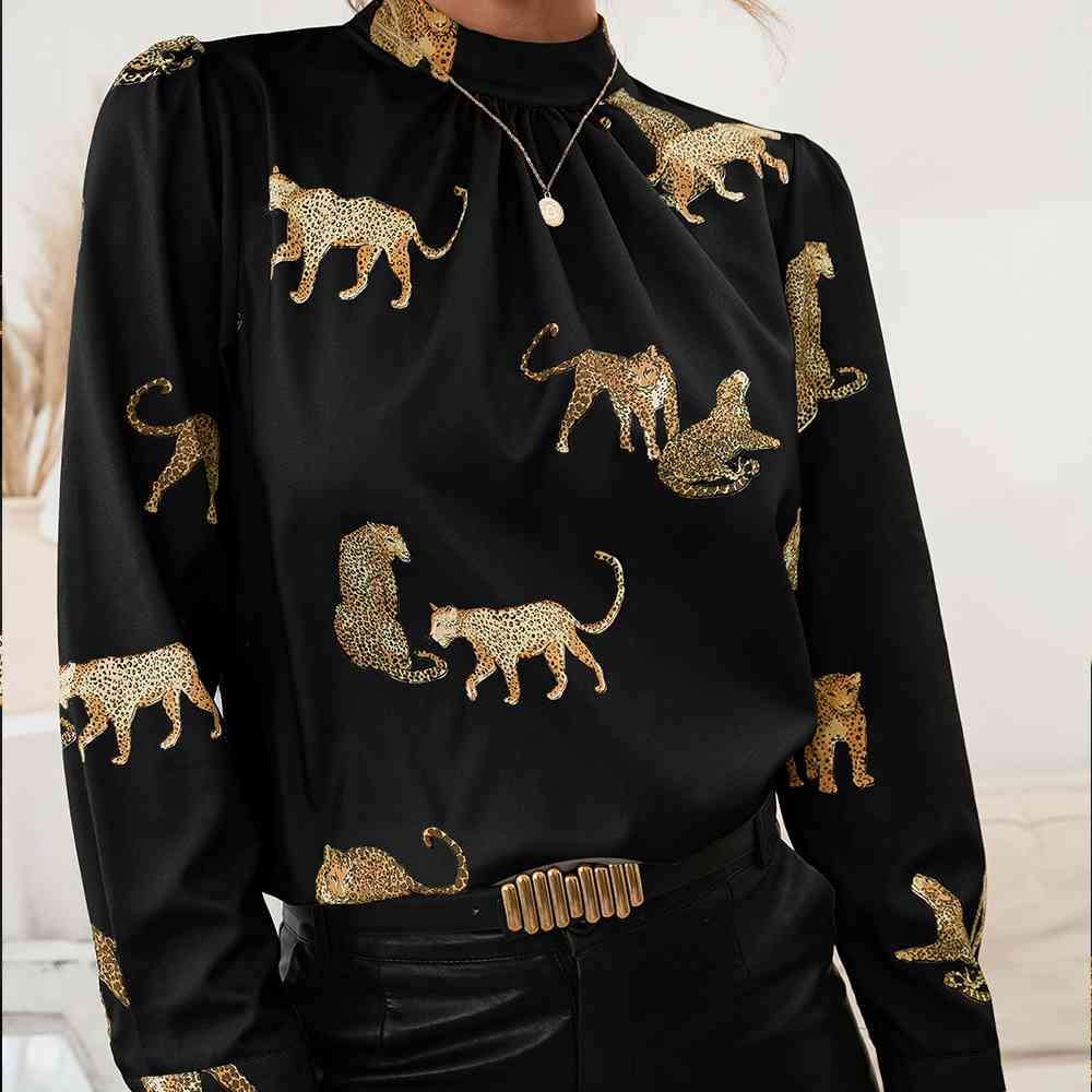 Leopard Graphics - Mock Neck Puff Sleeve Blouse (7501318488152)