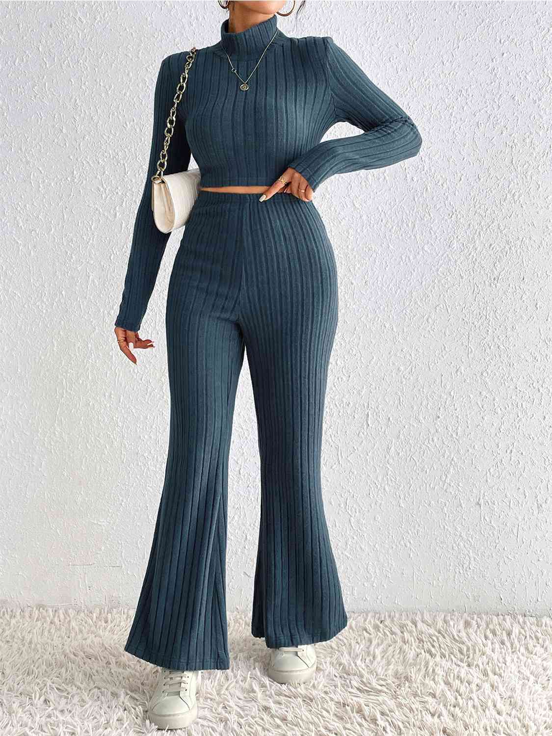 Mock Neck Cropped Sweater & High-Waist Pants - Set (7484223488088)