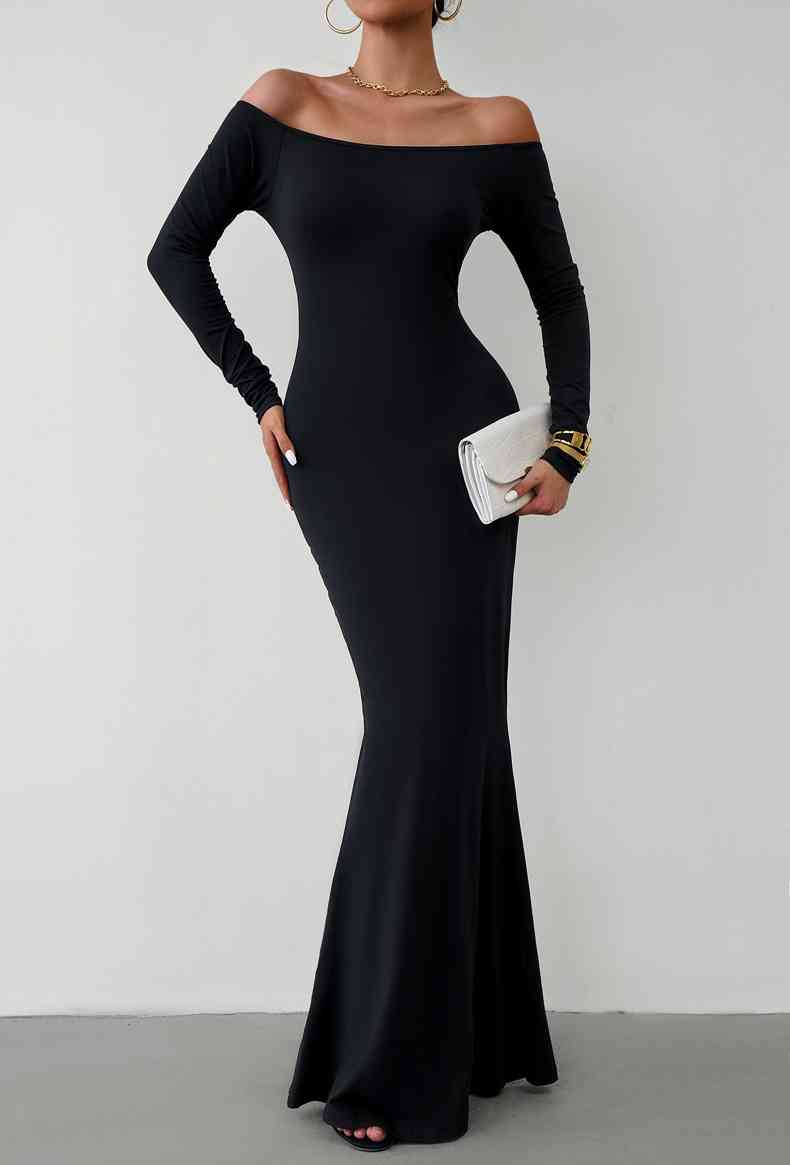 Off-Shoulder Long Sleeves Maxi Dress (7515555037272)