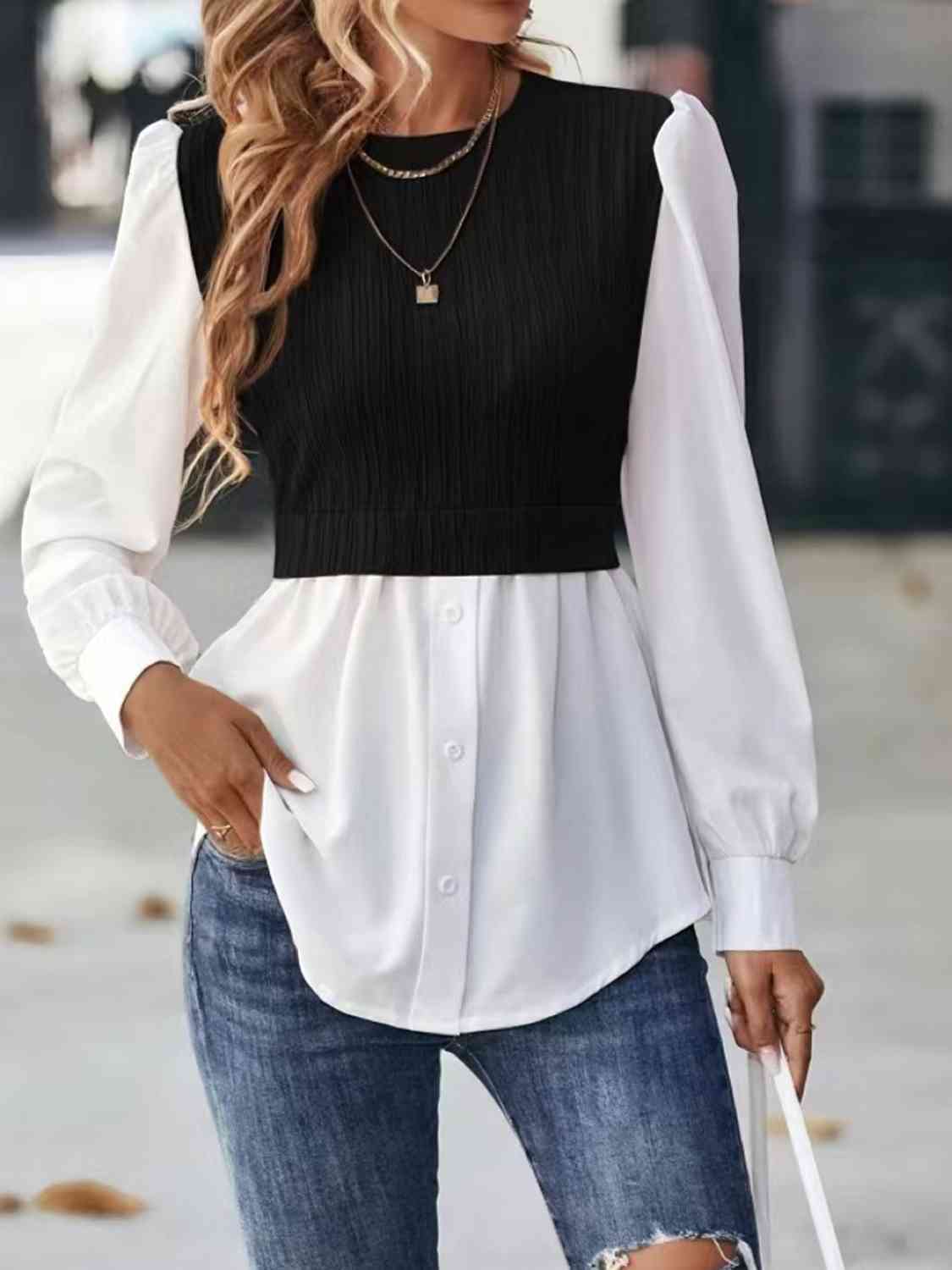 Blouse Like That - Contrast Round Neck Puff Sleeve Blouse (7501314064472)