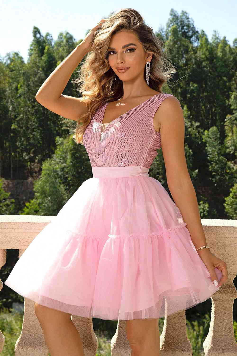 Pink Sequins & Mesh - Sleeveless Dress (7515675623512)