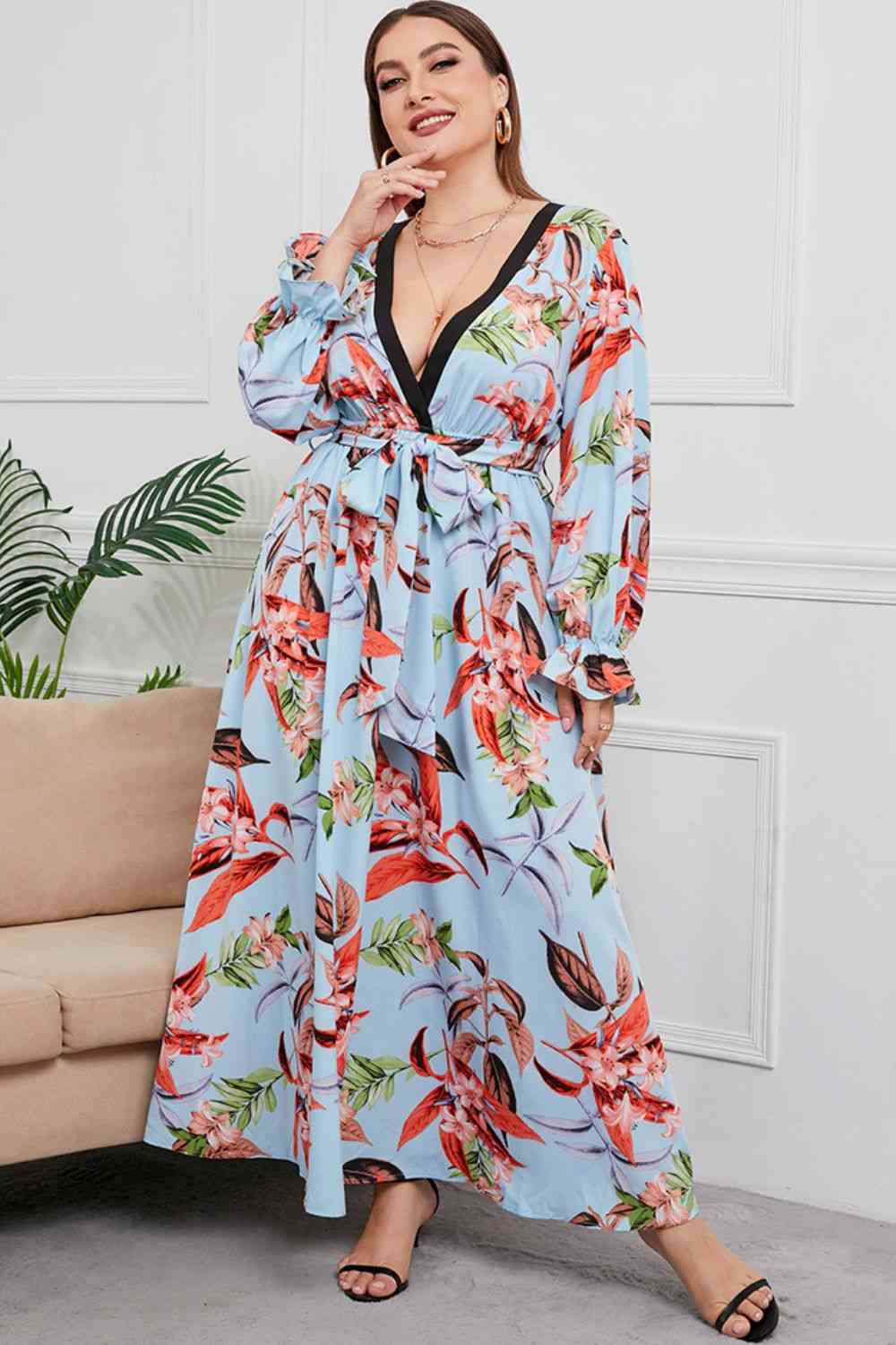 Plus-Size Belted Surplice Flounce Sleeve Maxi Dress (7515560149080)