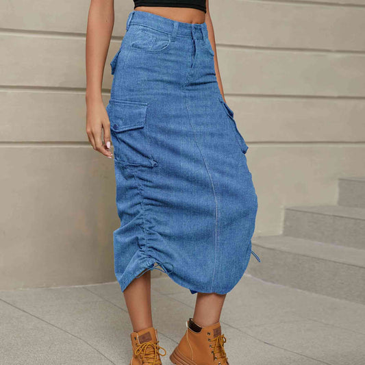 Ruch - Drawstring Ruched Slit Denim Midi Skirt (7500878020696)