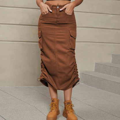 Ruch - Drawstring Ruched Slit Denim Midi Skirt (7500878020696)