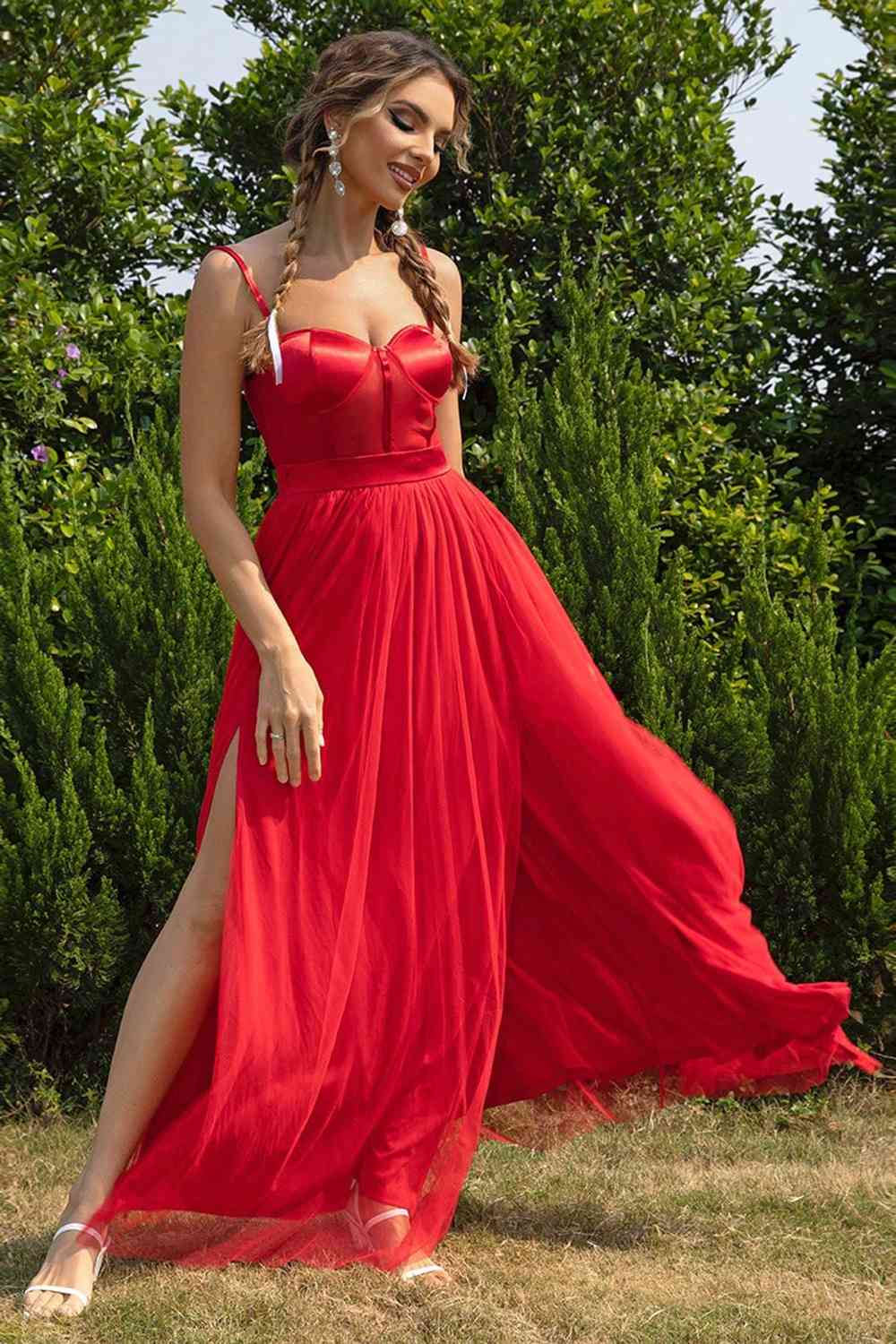 Spaghetti Strap Sweetheart - Neck Split Dress (7515507425368)