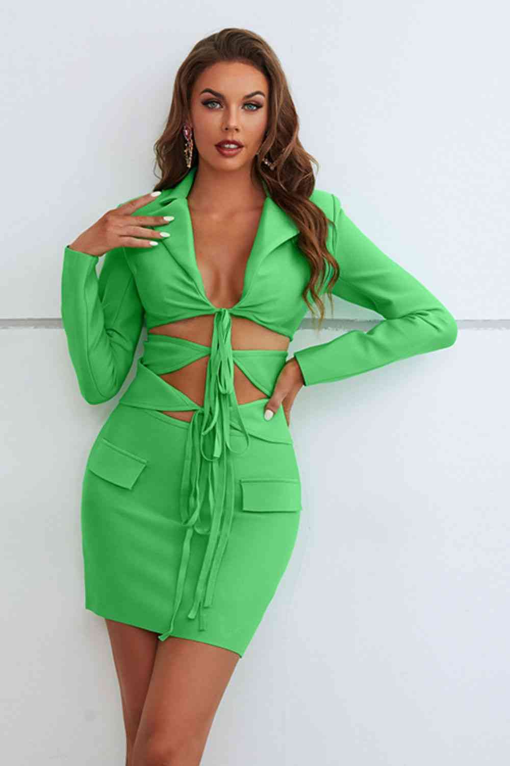 Casual Business - Cut-Out Tied Blazer and Skirt Set (7501469384792)