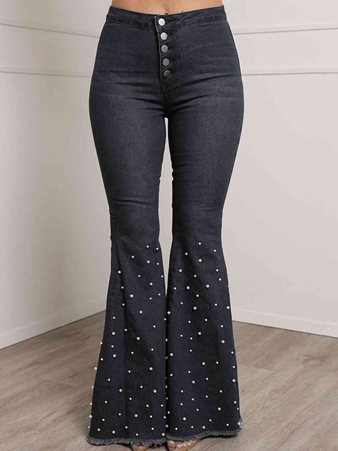 Details - Button Fly Flare Denim Jeans (7496931639384)
