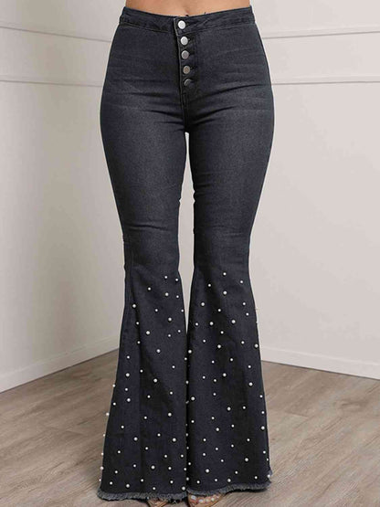 Details - Button Fly Flare Denim Jeans (7496931639384)