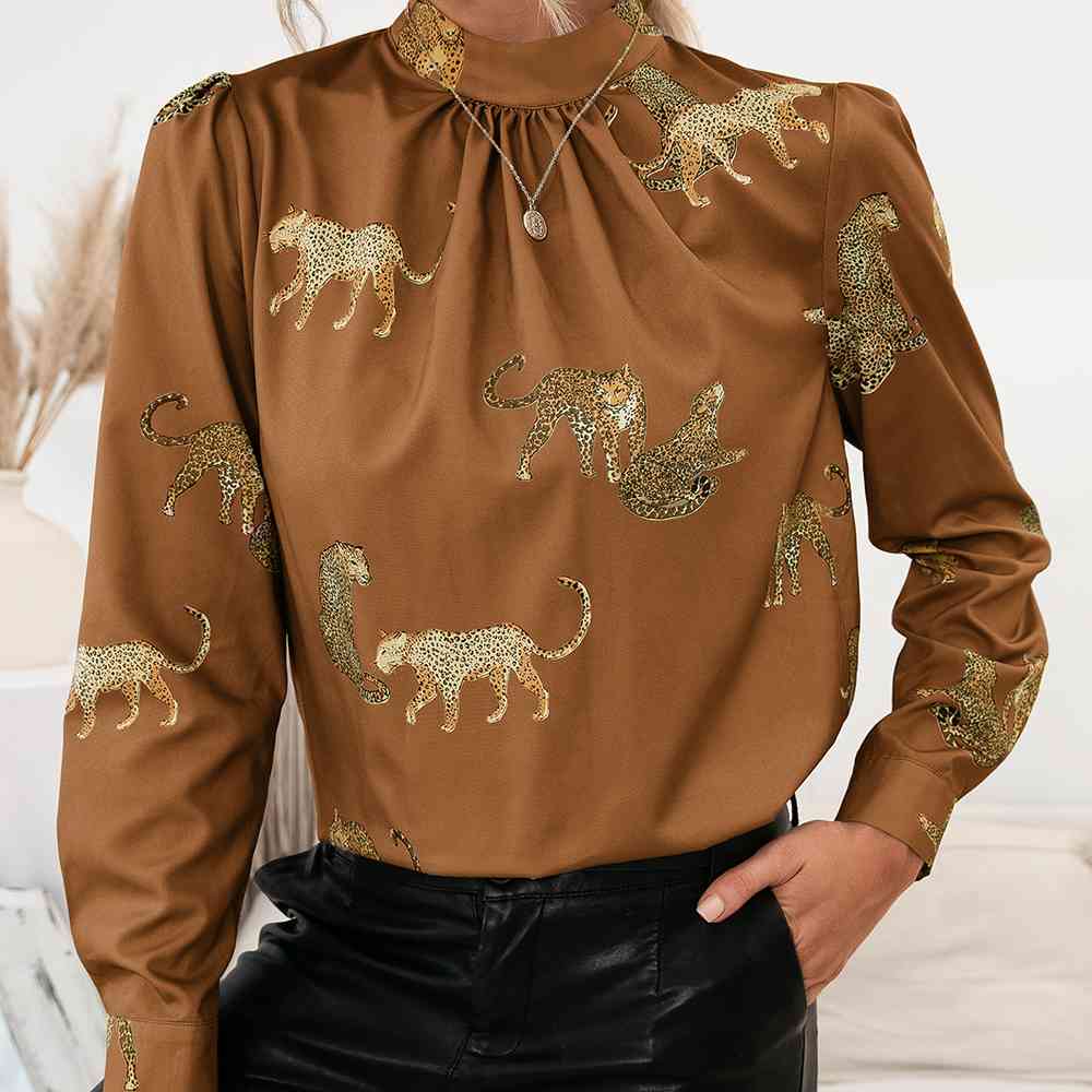 Leopard Graphics - Mock Neck Puff Sleeve Blouse (7501318488152)