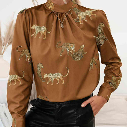 Leopard Graphics - Mock Neck Puff Sleeve Blouse (7501318488152)