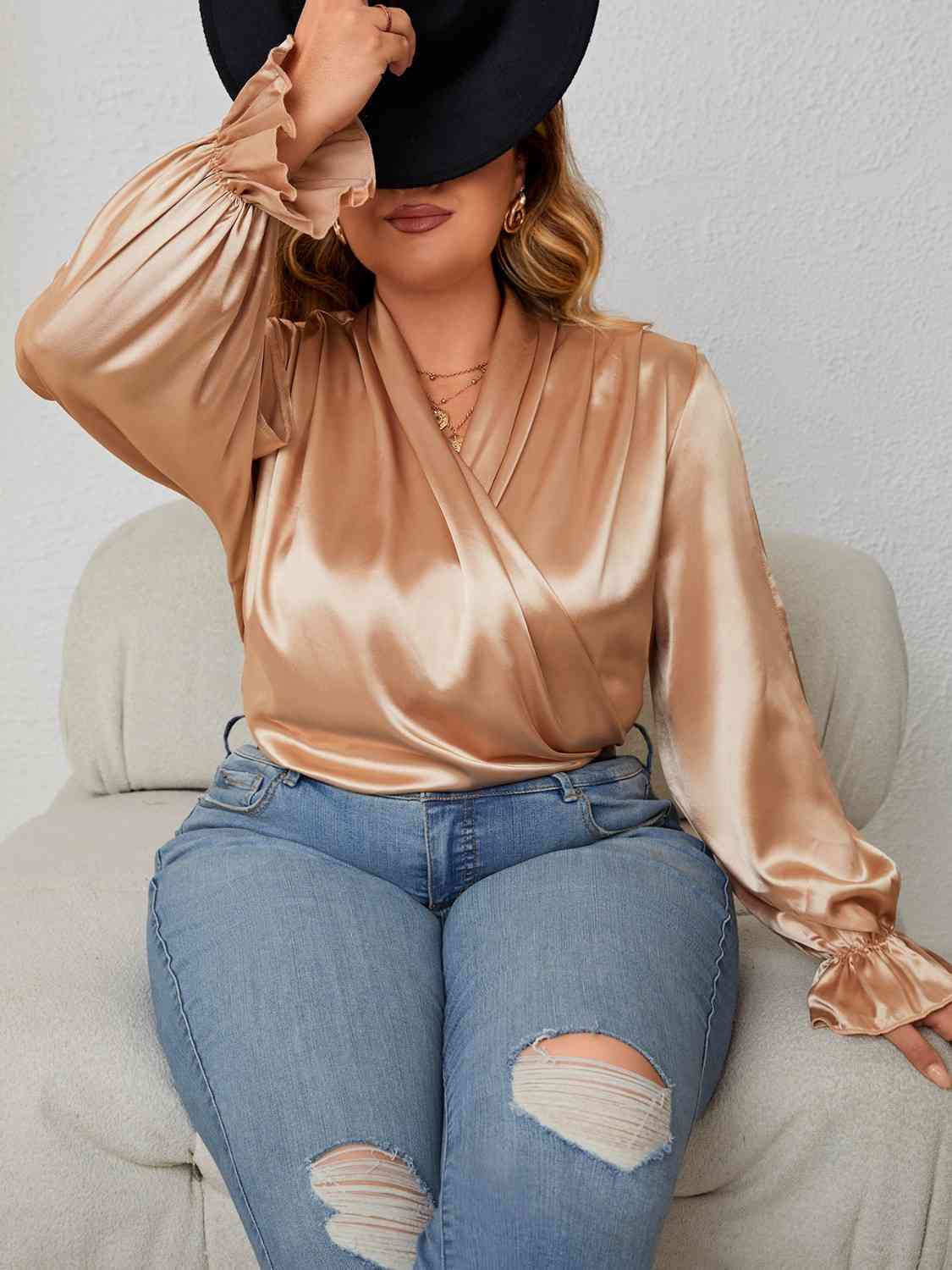 Plus-Size Surplice Neck Flounce Sleeve Blouse (7501328646232)