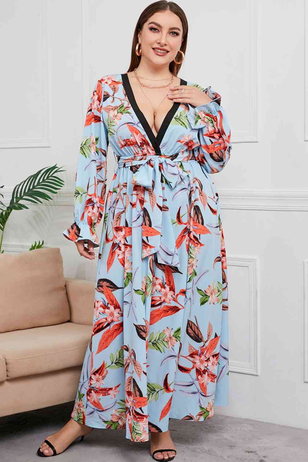 Plus-Size Belted Surplice Flounce Sleeve Maxi Dress (7515560149080)