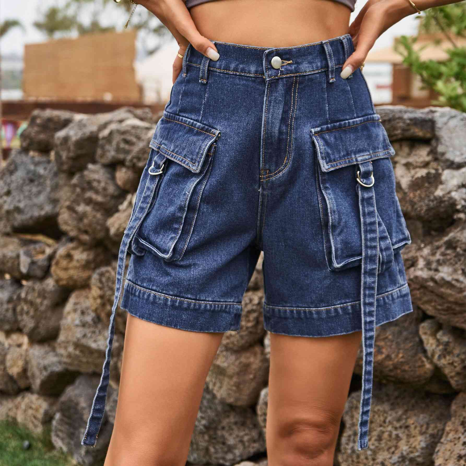 Cargo Denim - High-Waist Denim Cargo Shorts (7500850200664)