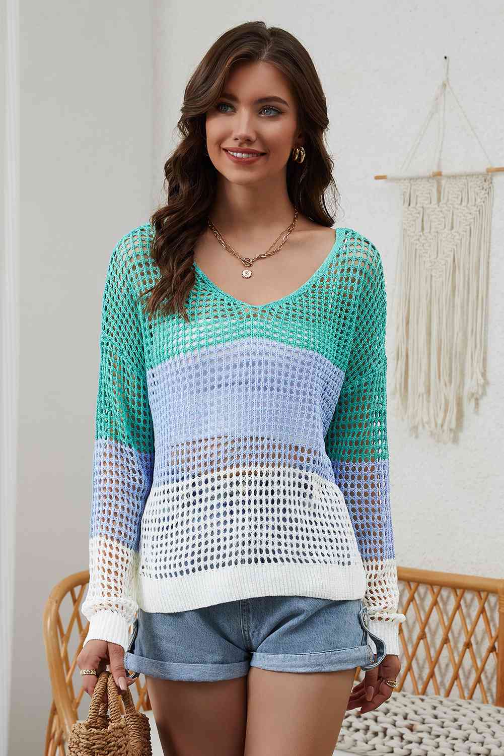 Openwork Dropped Shoulder Blouse (7501319241816)
