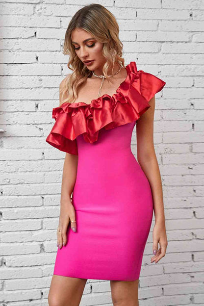 One-Shoulder Bodycon Ruffles Dress (7516369158232)