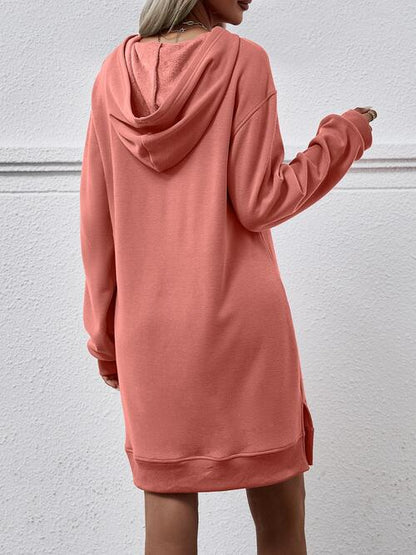 Long Long Sleeves - Slit Hooded Dress With Pocket (7505547559000)